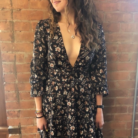 Deep-V, long sleeve, mini dress with back tie - Picture 2 of 2